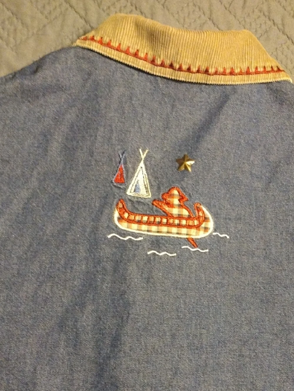 Vintage Teddi Blue Denim Jacket with Tan Corduroy Collar and Red Stitching - Picture 14 of 14